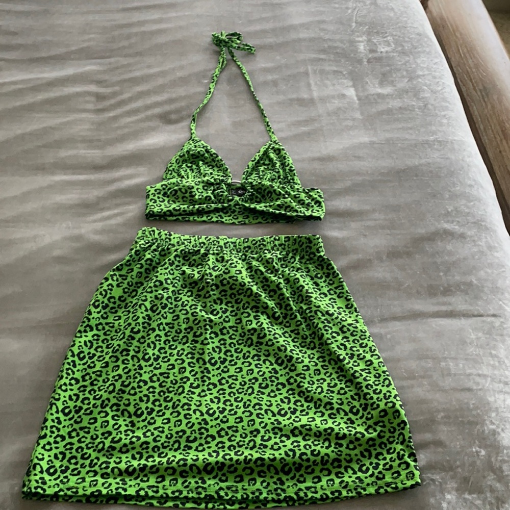 Two piece leopard mini skirt halter  set